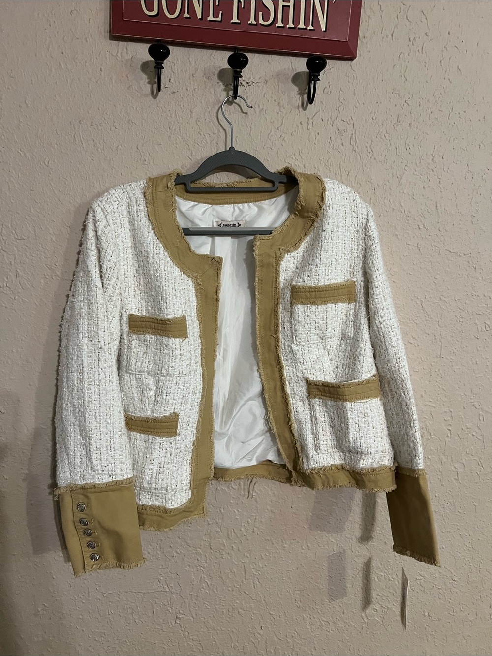 Nanette Lepore White Bouclé Jacket with Tan Trim